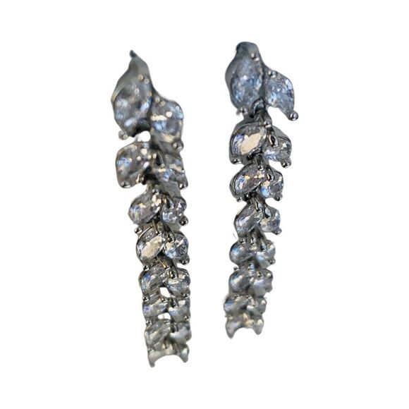 925 Sterling Silver Long Dangle Earrings 2.5"  Cubic Zirconia Marquise Formal - Picture 4 of 7